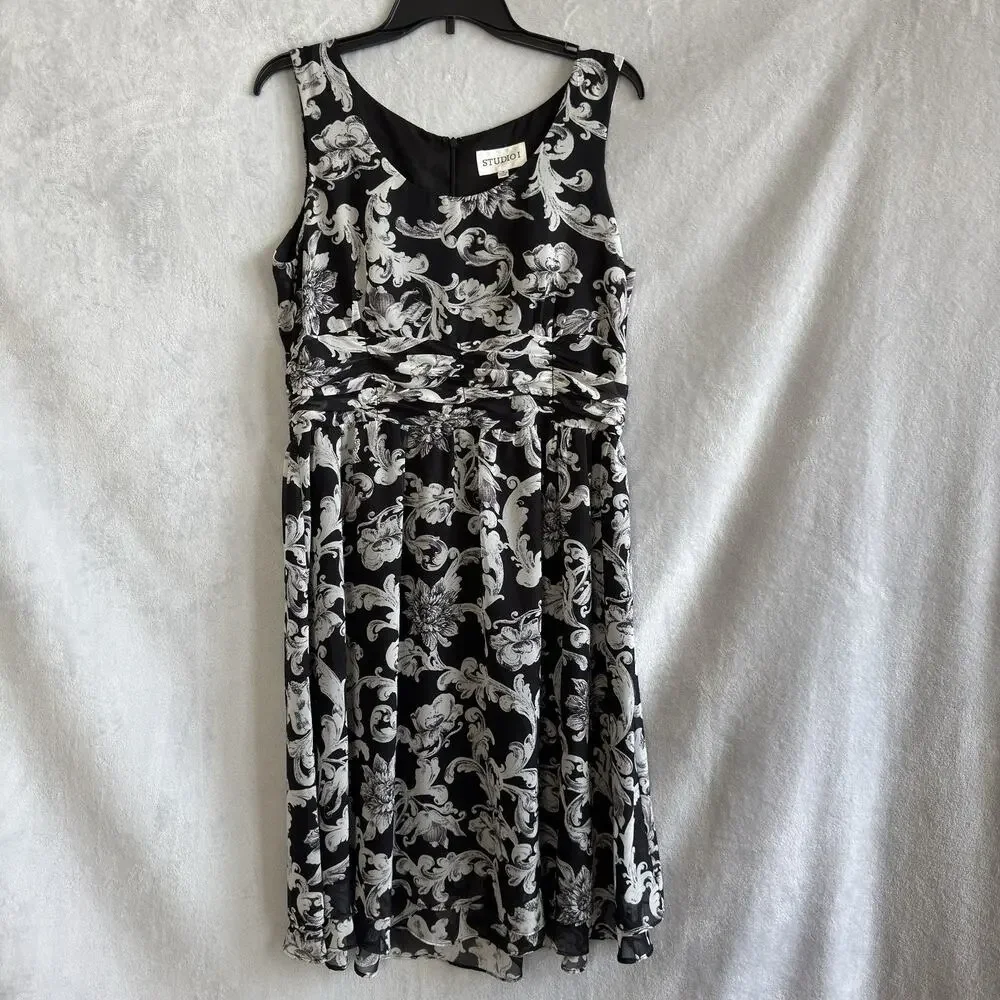 Studio I Women’s Black White Floral Scroll A-Line Dress Size 14 Vintage Inspired